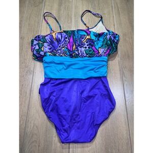 Sirena Vintage One Piece Swimsuit Purple Teal Floral Ruched 80s 90s Made in USA